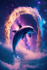 dolphin in the night while jumping out of the ocean with milky way in background, very beautiful - obrazy, fototapety, plakaty