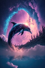 dolphin in the night while jumping out of the ocean with milky way in background, very beautiful
