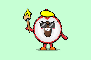 Cute cartoon character Lychee painter portraitist with hat and a brush to draw in cute design style 