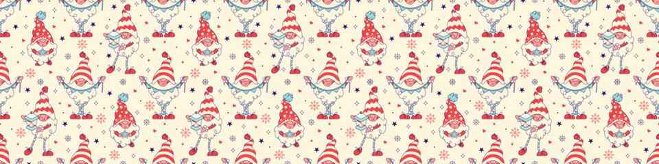 Wide Cute Christmas wallpaper with gnomes in fun santa hats. Scandinavian elves, noel character. Used for wrapping paper, as surface seamless texture, pattern fills, web page or profile background