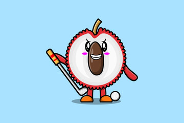 Cute cartoon Lychee character playing golf in concept flat cartoon style illustration
