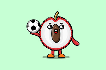 Cute cartoon Lychee character playing football in flat cartoon style illustration