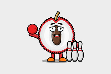 Cute cartoon Lychee character playing bowling in flat modern style design illustration