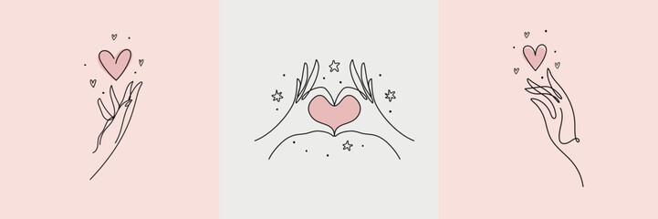 Beauty salon icons set, self love concept. Continuous line art of hand and heart, aesthetic symbol, female tattoo. Vector illustration isolated on white background.