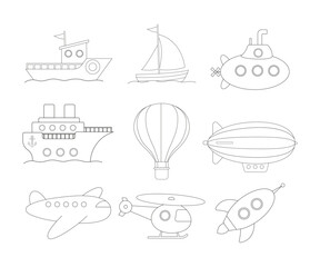 Different air and water transport vector doodles set. Hand drawn ship, sailing boat, submarine, hot air balloon, airplane, rocket isolated on white background. Transportation, traveling concept