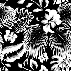 Trending abstract seamless pattern with vintage tropical leaves and flowers plants foliage on dark background. Vector design. Jungle print. Floral background. Printing textile. Exotic tropics. Summer