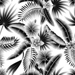 Summer seamless tropical pattern with nature leaves and flowers plants foliage on a white background. Modern abstract design for fabric, paper, interior decor. Summer hawaiian. monochromatic design