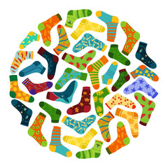 Circular pattern with different socks vector illustration. Collection of cartoon drawings of colorful socks children or adults isolated on white background. Fashion, accessory concept