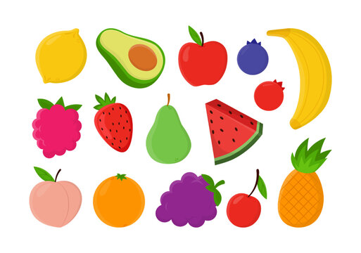 Colorful healthy food or fruits vector illustrations set. Collection of cartoon drawings of apple, banana, watermelon, berries isolated on white background. Organic food, healthy eating concept