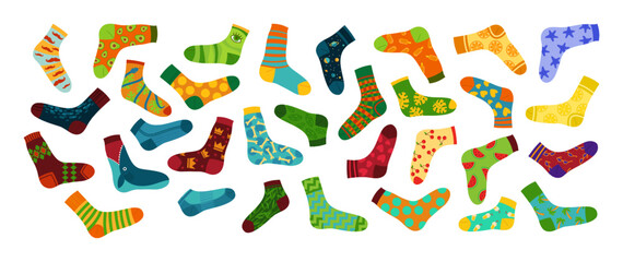 Colorful socks for adults and children vector illustrations set. Collection of cartoon drawings of socks with different designs isolated on white background. Fashion, accessory, clothes concept