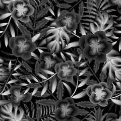 seamless pattern with gray monochromatic tropical leaves and flowers. summer floral print on dark background. Hawaiian hibiscus, coconut branches and monstera leaves. flowers background. autumn 