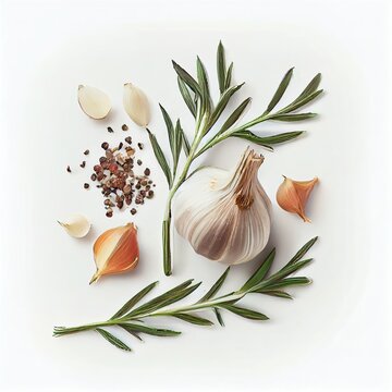  a white table topped with garlic and herbs next to a pepper shaker and pepper shaker with a pepper shaker. Generative AI