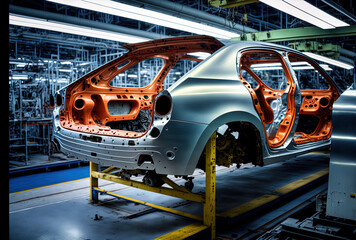 Car bodywork are being assembled on a sophisticated automotive assembly line car conveyor. Generative AI