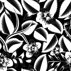 Realistic tropical seamless pattern on dark background. Seamless floral pattern with nature plants leaves and foliage on night background. Floral background. Exotic background. vintage monochromatic