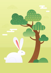 Vector illustration of a rabbit and a pine tree.