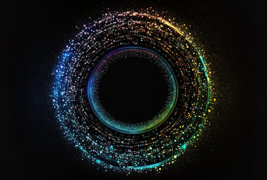 Big data abstraction with a holographic circle on a black background. Generative AI