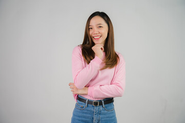 Asian girl holding laptop on white background