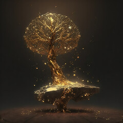 a shiny golden bonsai tree on a black background created by generative ai