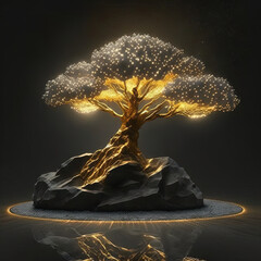 a shiny golden bonsai tree on a black background created by generative ai