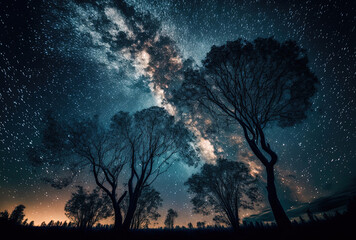 Fototapeta na wymiar trees against a milky way filled starry sky. Generative AI