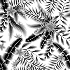 Seamless botanical composition vitage tropical leaves on white background. Trendy vector pattern. Fashionable seamless tropical pattern. Printing and textiles. monochromatic design. Exotic Summer