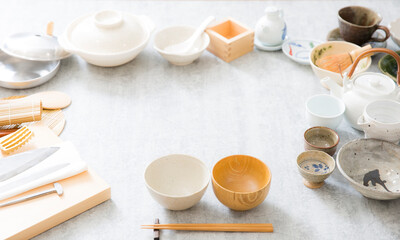 Fototapeta na wymiar 和食イメージ、背景素材、日本料理の調理器具　和食器