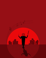 The musician meets the dawn. Vector illustration.