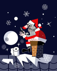 Santa Claus with a phone is sitting on the roof pipe of the house. Vector illustration.