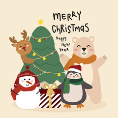 happy christmas animals greetings flat illustration