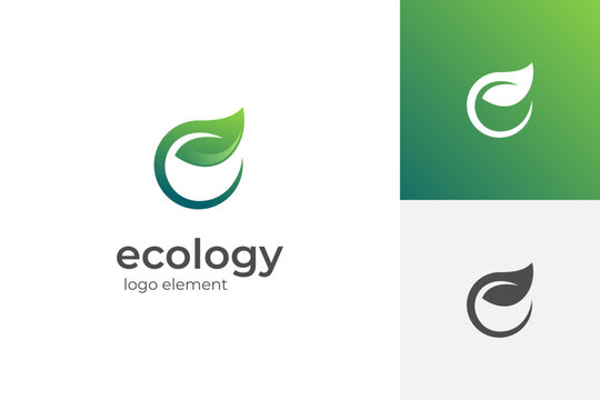 round circle simple letter E ecology logo design with leaf symbol, green environment simple logo element