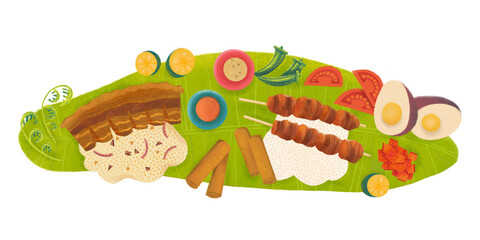 Filipino boodle fight food spread with barbecue skewers, grilled meat, spring rolls, rice, and vegetables on banana leaves