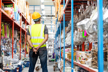 Smart Asian engineer male worker wearing hard hat managing stock of household goods on shelves in warehouse, factory.