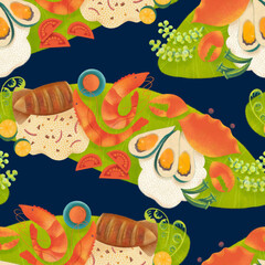 Filipino boodle fight food spread with seafood, rice, seaweed, and vegetables on banana leaves illustrated pattern on dark blue background