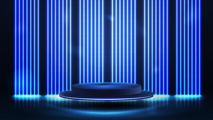 Blue podium in dark scene with wall of line vertical blue neon lamps on background.