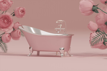 Naklejka premium Vintage bathroom interior with pink bathtub, a gold shower and rose flowers. Concept of luxury and wealth. luxury bathroom with classic vintage bathtub and golden faucets set. 3d rendering mockup 