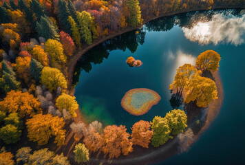 a bird's eye view of a lake in a park with changing leaves. Moldova's Kishinev. spectacular flight above the lake. Autumn trees in full color during the day. Generative AI