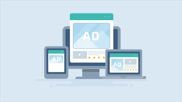 Digital advertising network displaying ads on multiple electronic devices, programmatic ads on screen video animation.
