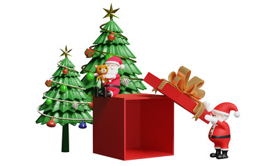Santa claus with red open gift box empty, christmas tree isolated. website, poster or happiness cards, festive New Year concept, 3d illustration or 3d render