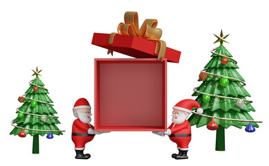 Santa claus with red open gift box empty, christmas tree isolated. website, poster or happiness cards, festive New Year concept, 3d illustration or 3d render