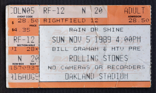 Oakland, California - November 5, 1989 - Old used ticket stub for the Rolling Stones concert at Oakland Stadium
