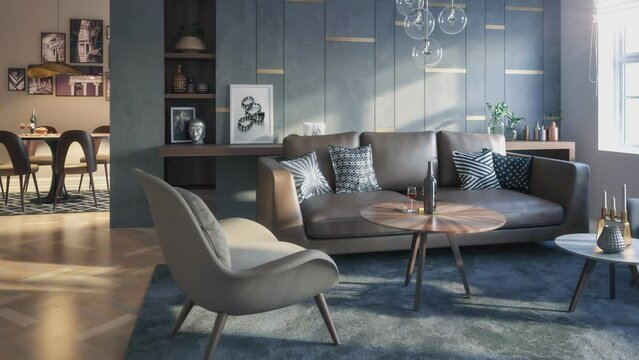Moderne Wohnungsadaptation mit einer mond&auml;nen Einrichtung - 3D Camera Animation