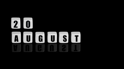 August 20th. Day 20 of month, Calendar date. White cubes with text on black background with reflection. Summer month, day of year concept