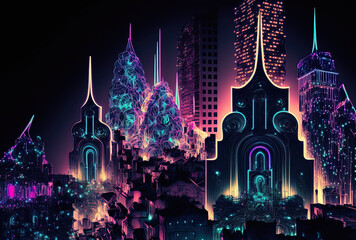 Fototapeta premium Neon digital city multiverse tracery. Generative AI