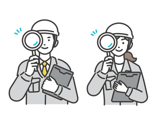 虫眼鏡とバインダーを持つ作業員のベクターイラスト素材／コミュニケーション／現場監督／工事