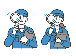 虫眼鏡とバインダーを持つ自動車整備士のベクターイラスト素材／メンテナンス／車検／修理