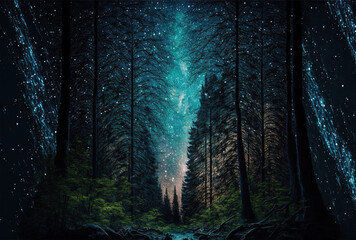 Fototapeta premium of a forest scene with a starry sky. Generative AI