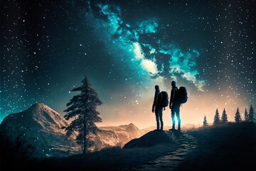 Fototapeta premium Illustration of Two Hikers Watching the Starry Sky