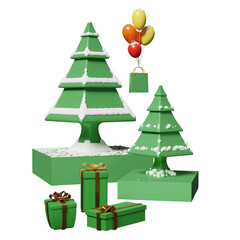 stage podium with gift box, christmas tree, space, shopping paper bags isolated. website, poster or Happiness cards, festive New Year concept, 3d illustration or 3d render