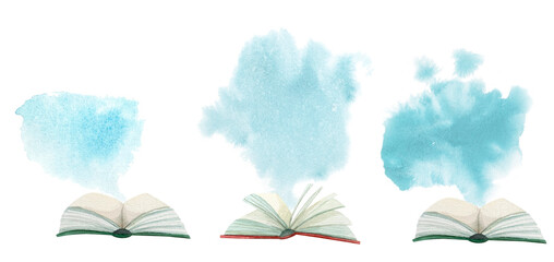Set with open books and watercolor blots.