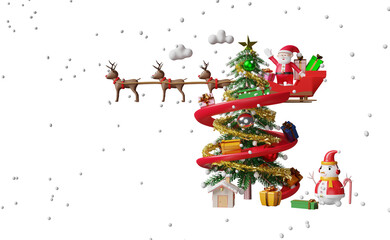 Fototapeta premium santa claus with reindeer sleigh, gift box, christmas tree, snowman isolated. website or poster or Happiness cards, banner and festive New Year, 3d illustration or 3d render